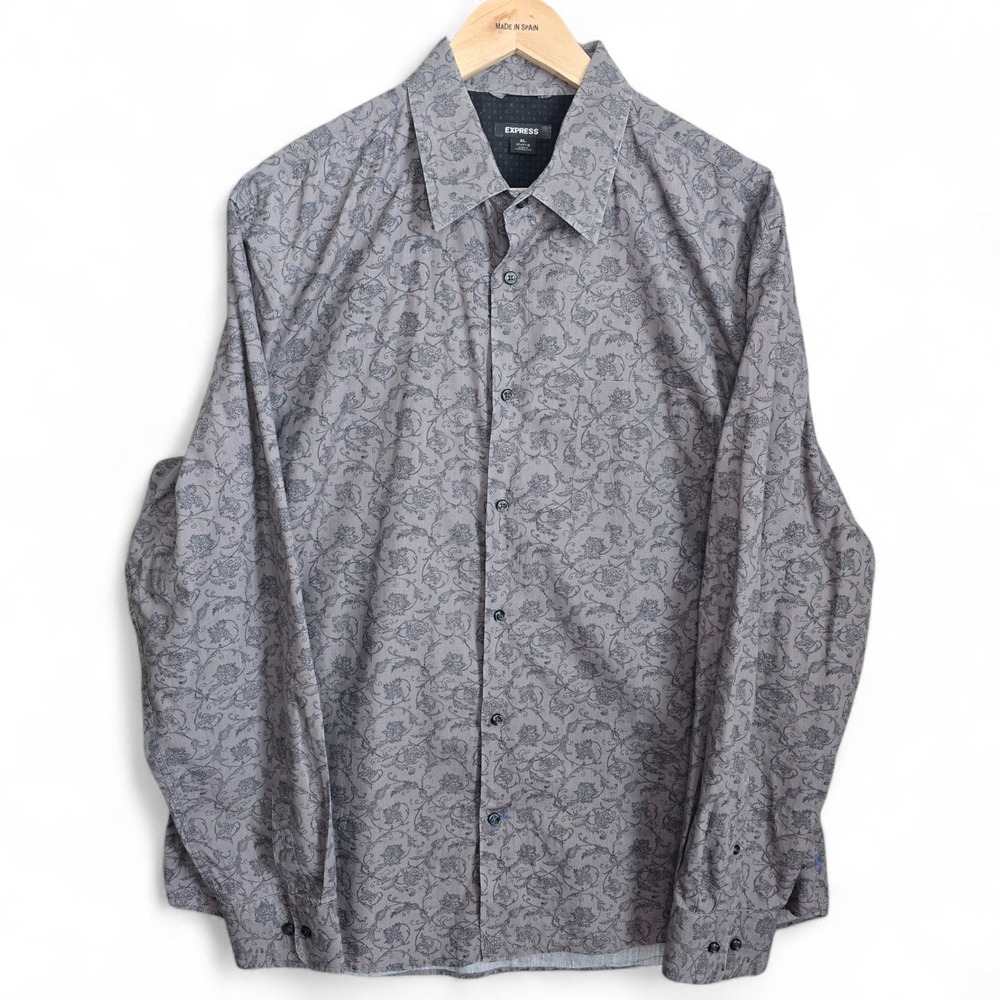 Express Dress Shirt Mens‎ 17-17.5 XL Gray Floral Print Button Up Long Sleeve